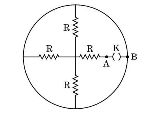 Circuit diagram with four resistors and key K