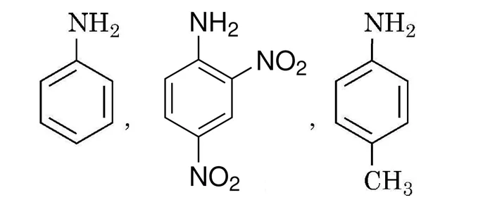 Three anilines: aniline, 2,4-dinitroaniline, 4-methylaniline