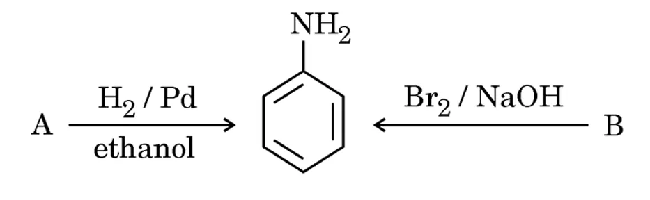 Reaction scheme: A → H₂/Pd/ethanol → aniline ← Br₂/NaOH ← B