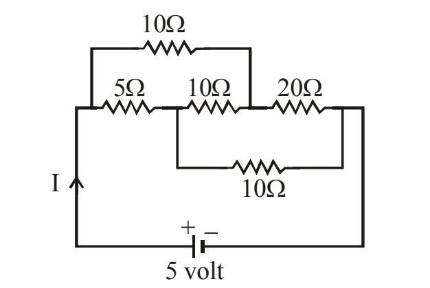 Circuit with 5V source and resistors 10Ω, 5Ω, 10Ω, 20Ω, 10Ω