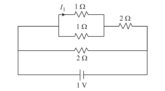 Circuit with 1V, 1Ω, 1Ω, 2Ω, 2Ω resistors