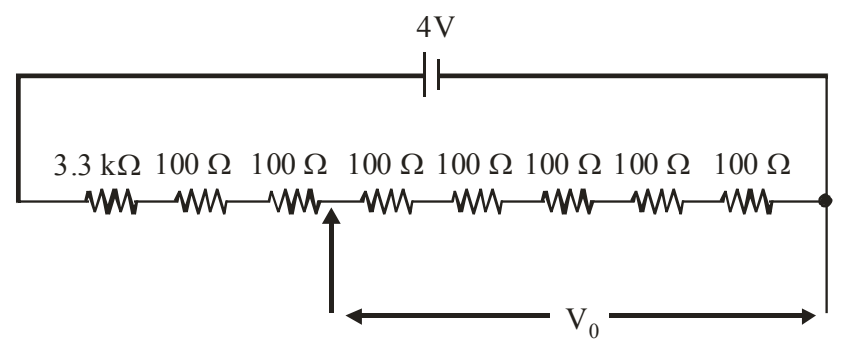 Potential divider with 4V source, 3.3kΩ and seven 100Ω resistors in series